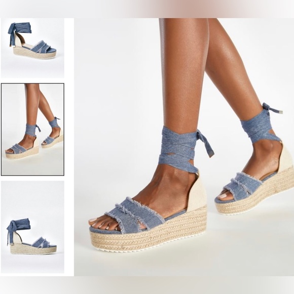 JUST FAB Denim Jeans Espadrille Platform Wedge Sandal - NWOT - Size 8 - Picture 2 of 10